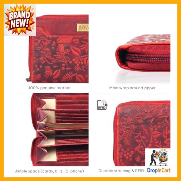 Leather Clutch Wallet RFID Blocking Floral Vintage Elegant Women's Accessory - Picture 5 of 6